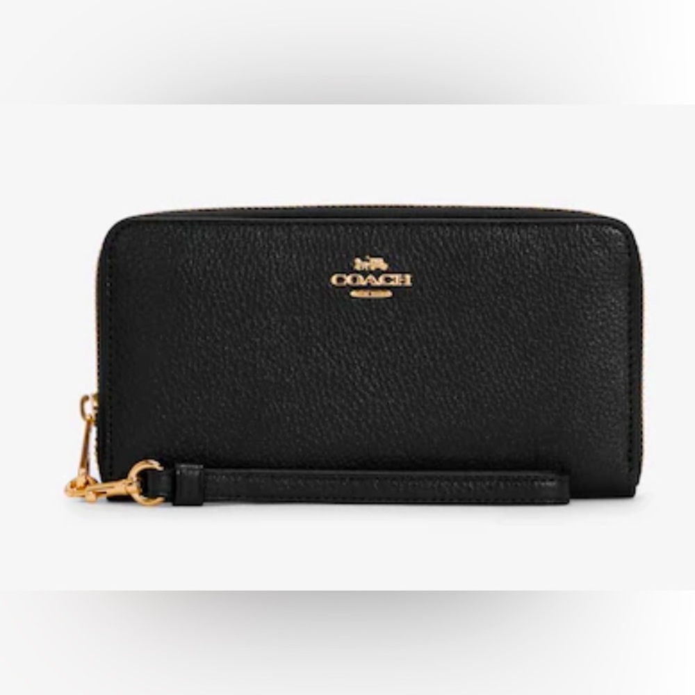 Coach black pebble leather long zip around wallet